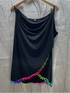 Unbranded Swim Cover-Up Womens XXL Black Excellent Rainbow Pom-Pom Wrap Trim